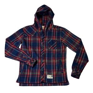 YoungLA mens L Large blue red plaid button up flannel shirt jacket EUC
